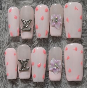 Luxury Designer Inspired Pink Floral Accent Press-On Nails with Coral Confetti
